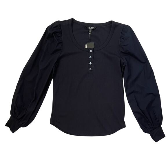 NWT Lauren Ralph Lauren Stretch Cotton Puff-Sleeve Henley Top - Blue - Size M - Picture 3 of 7